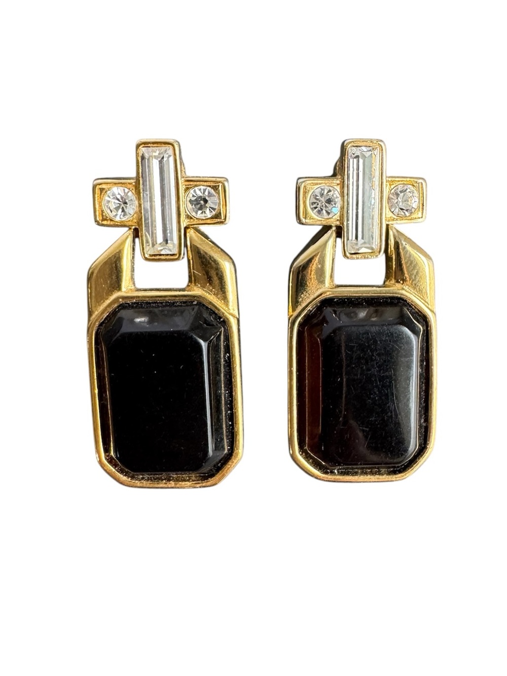 Trifari‎ Baguette Rhinestone Earrings Gold Tone Pierced Cocktail Vintage Signed